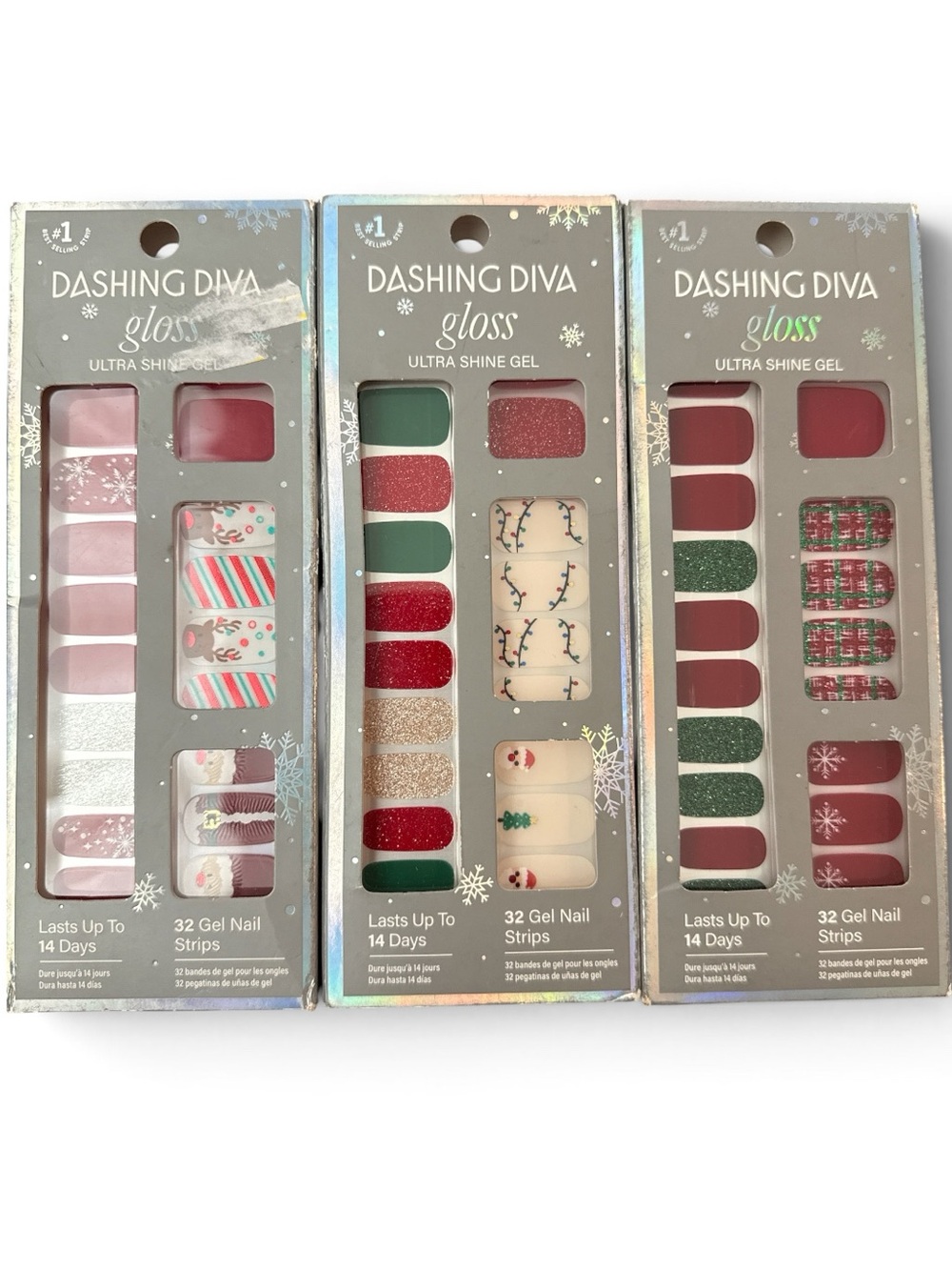 Set of 3 New Dashing Diva Gloss Ultra Shine Gel Nail Strip Santa Reindeer